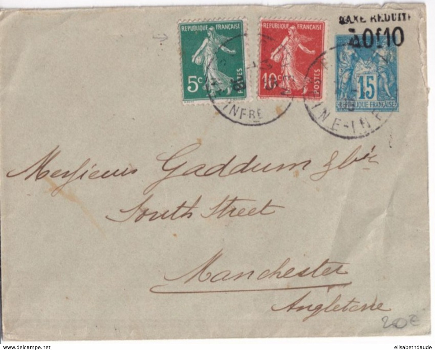 1906 - TYPE SAGE SURCHARGE - ENVELOPPE ENTIER 15c Avec COMPLEMENT SEMEUSE De ROUEN => MANCHESTER (ANGLETERRE) ! - Standard Covers & Stamped On Demand (before 1995)
