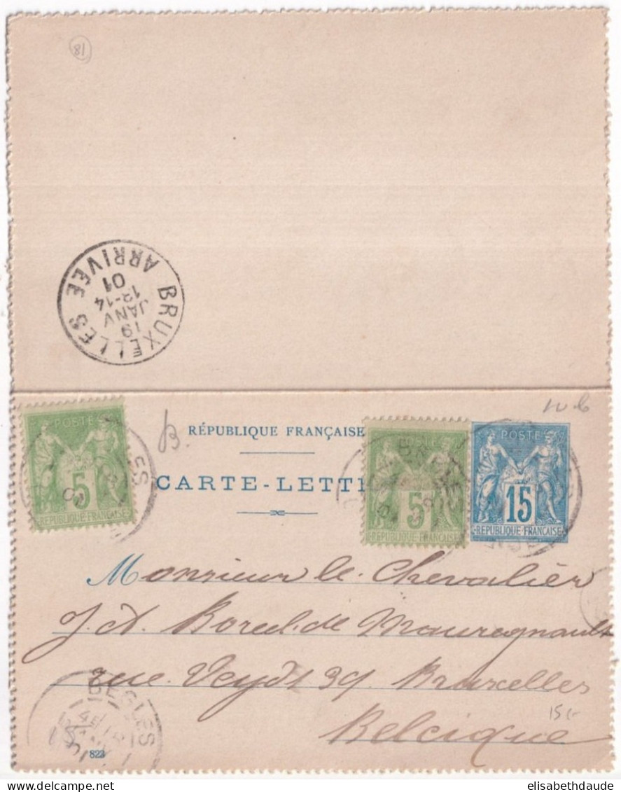 1901 - TYPE SAGE - CARTE-LETTRE ENTIER 15c Avec COMPLEMENT De BEGLES => BELGIQUE - Tarjetas Cartas