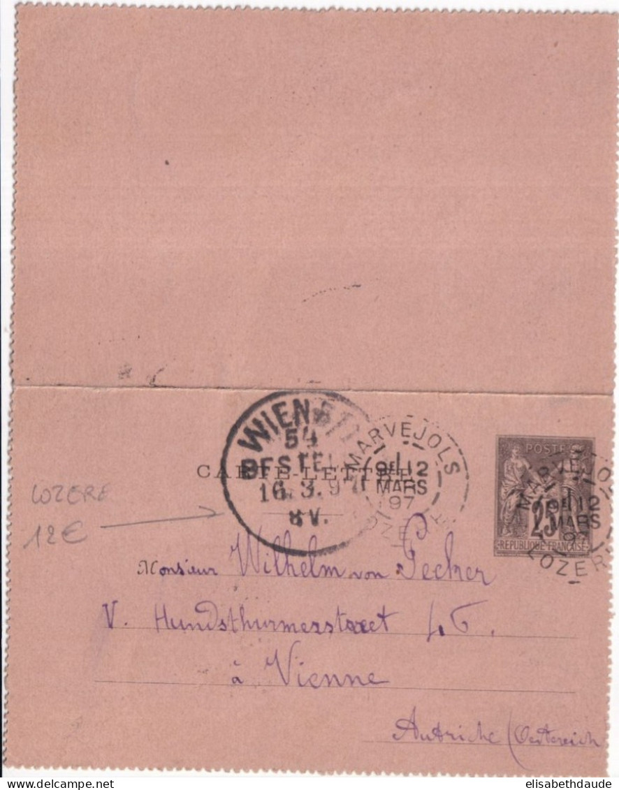 1897 - TYPE SAGE - CARTE-LETTRE ENTIER 25c De MARVEJOLS (LOZERE) => WIEN (AUTRICHE) ! - Tarjetas Cartas