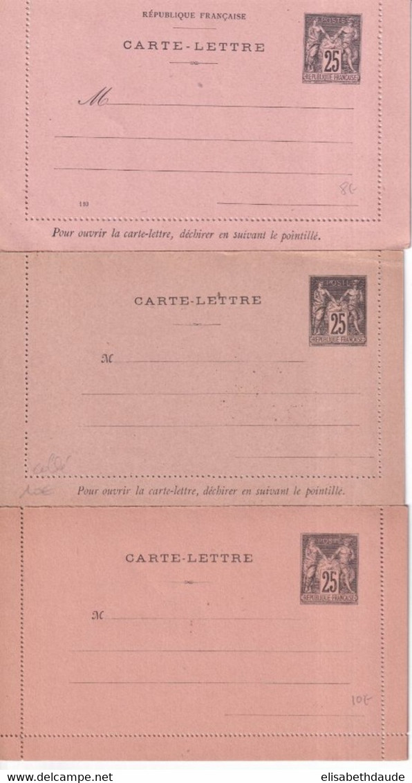 1886/1898 - TYPE SAGE - CARTE-LETTRE ENTIER 25c X3  DIFFERENTES ! NEUVES - COTE 2005 = 75 EUR. - Kaartbrieven
