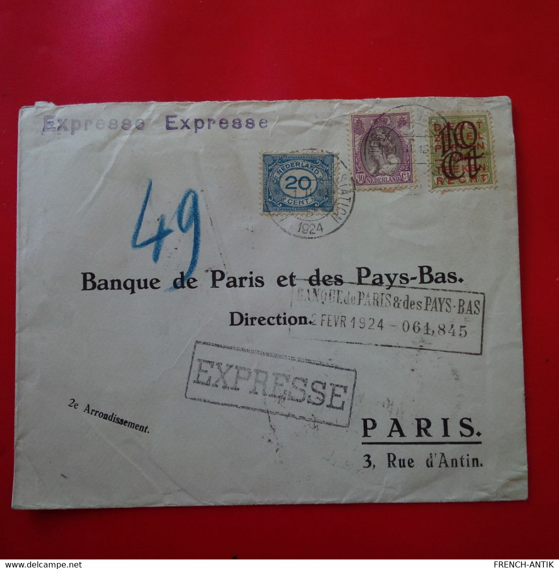 LETTRE AMSTERDAM BANQUE DE PARIS POUR POUR EXPRESSE 1924 - Storia Postale