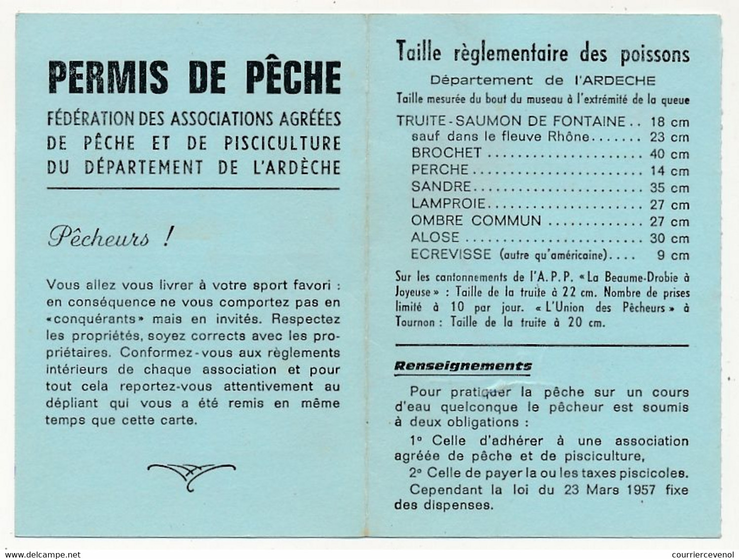 FRANCE - Permis De Pêche Département ARDECHE 1979 - Fiscal Taxe Piscicole Ordinaire + Supplément - Autres & Non Classés