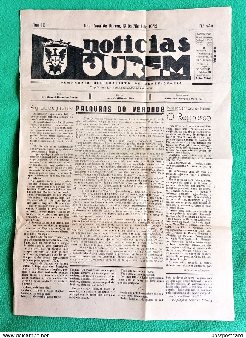 Ourém - Jornal Notícias De Ourém Nº 444, 19 De Abril De 1942 - Imprensa. Leiria. Santarém. Portugal - Algemene Informatie