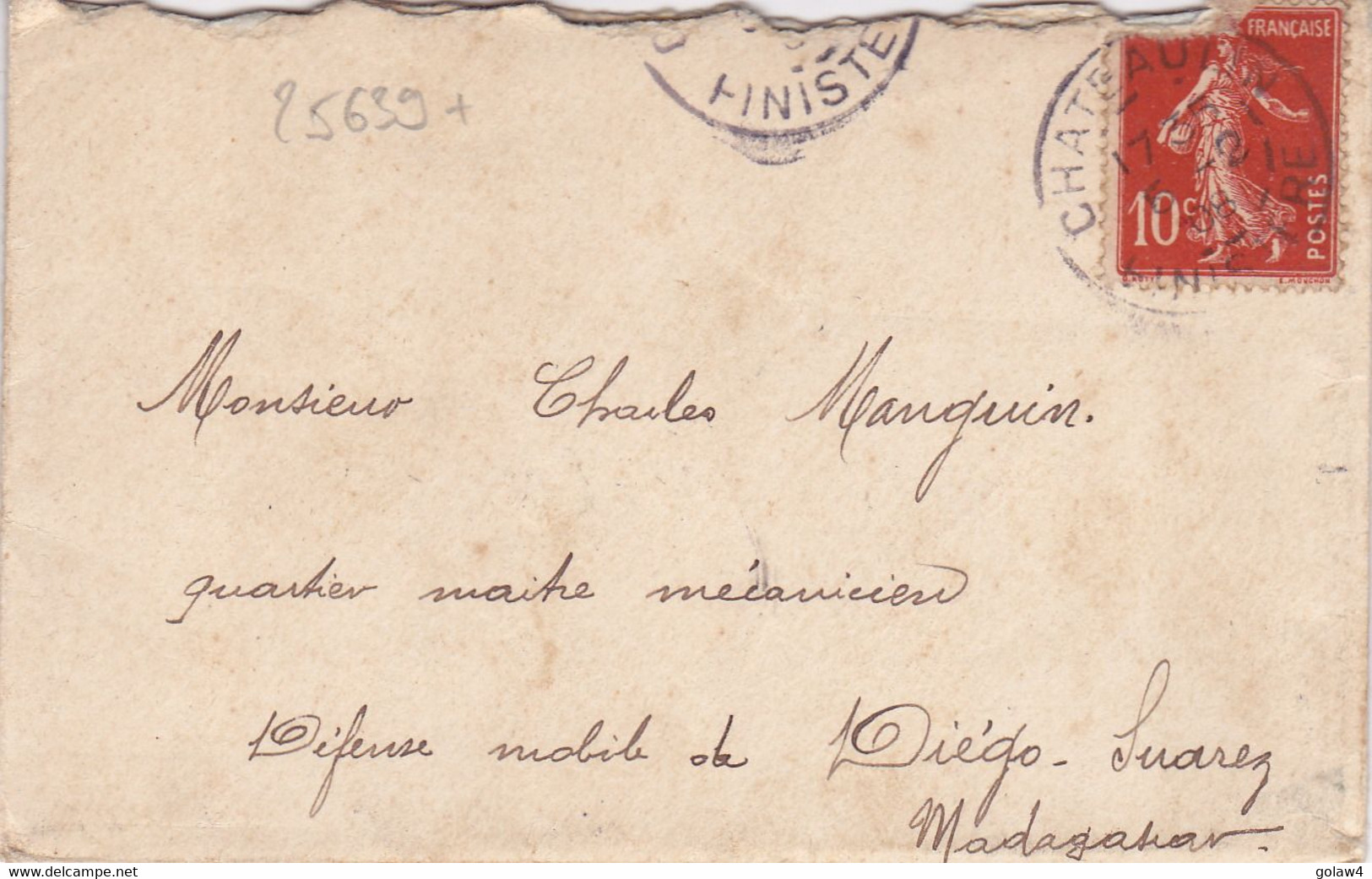 25639# SEMEUSE LETTRE Obl CHATEAULIN FINISTERE 1908 QUARTIER MAITRE MECANICIEN DEFENSE MOBILE DE DIEGO SUAREZ MADAGASCAR - Covers & Documents