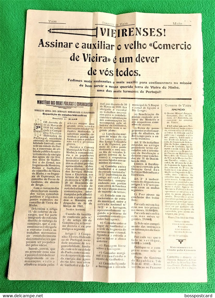 Vieira Do Minho - Jornal Comércio De Vieira, Nº 827 De 6 De Maio De 1941 - Imprensa. Viana Do Castelo. Portugal. - Algemene Informatie