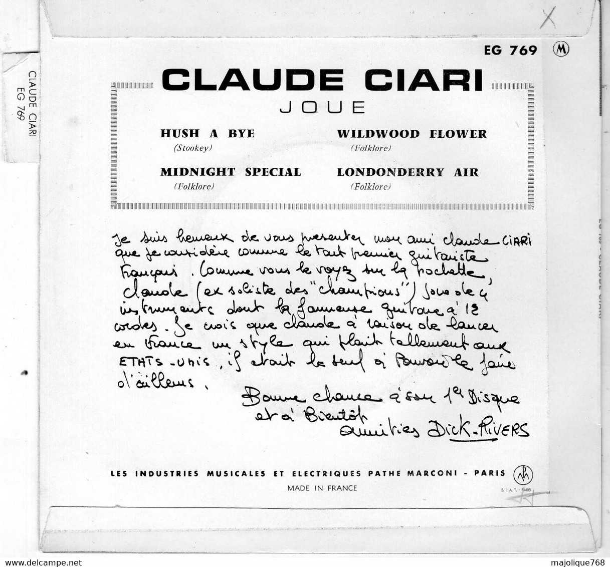 Disque De Claude Ciari - Hust A Bye - Pathé EG 769 - France 1964 - - Country Et Folk