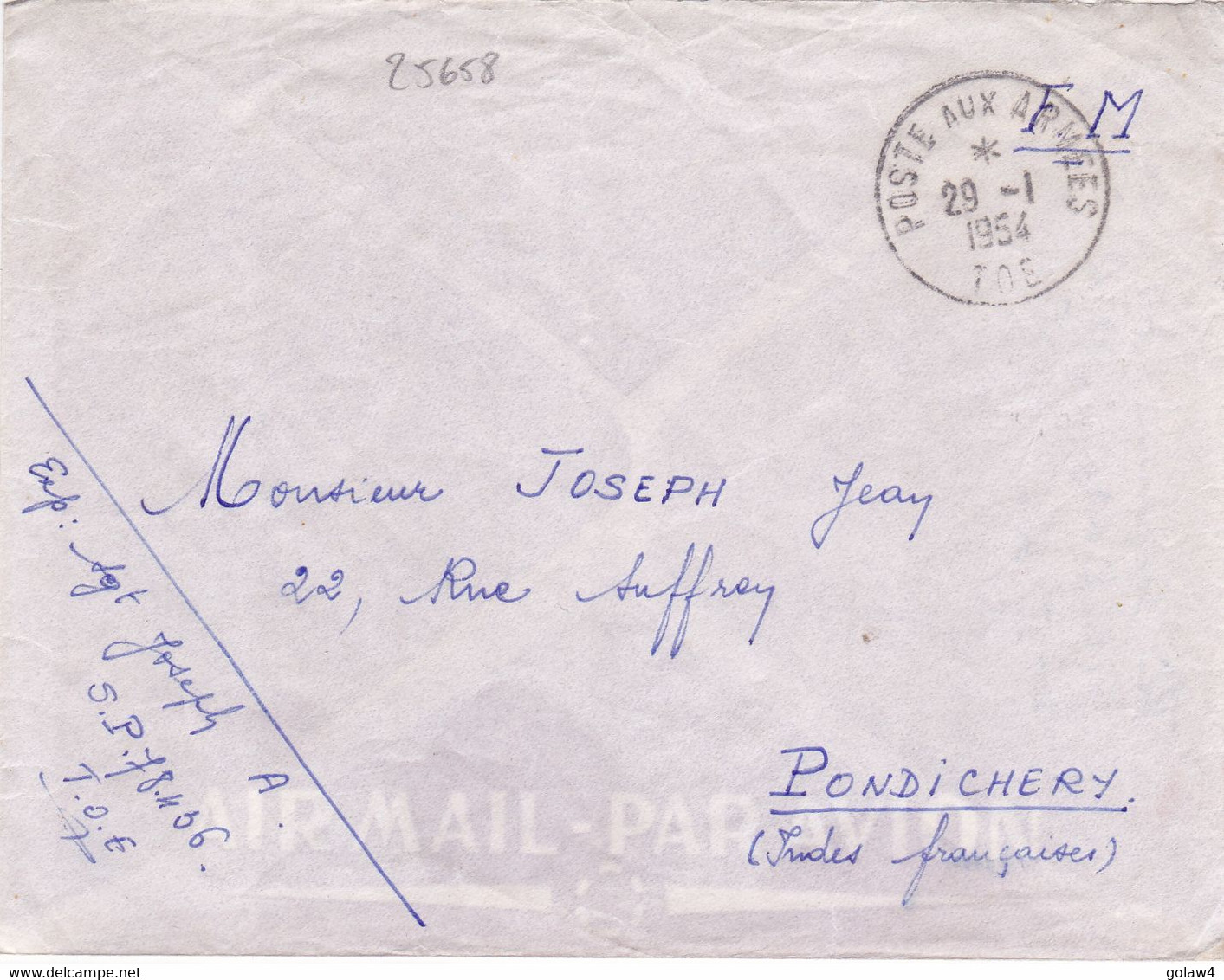 25658# LETTRE FRANCHISE MILITAIRE FM POSTE AUX ARMEES TOE 1954 INDOCHINE VIETNAM Pour PONDICHERY INDES FRANCAISES - Guerre D'Indochine / Viêt-Nam