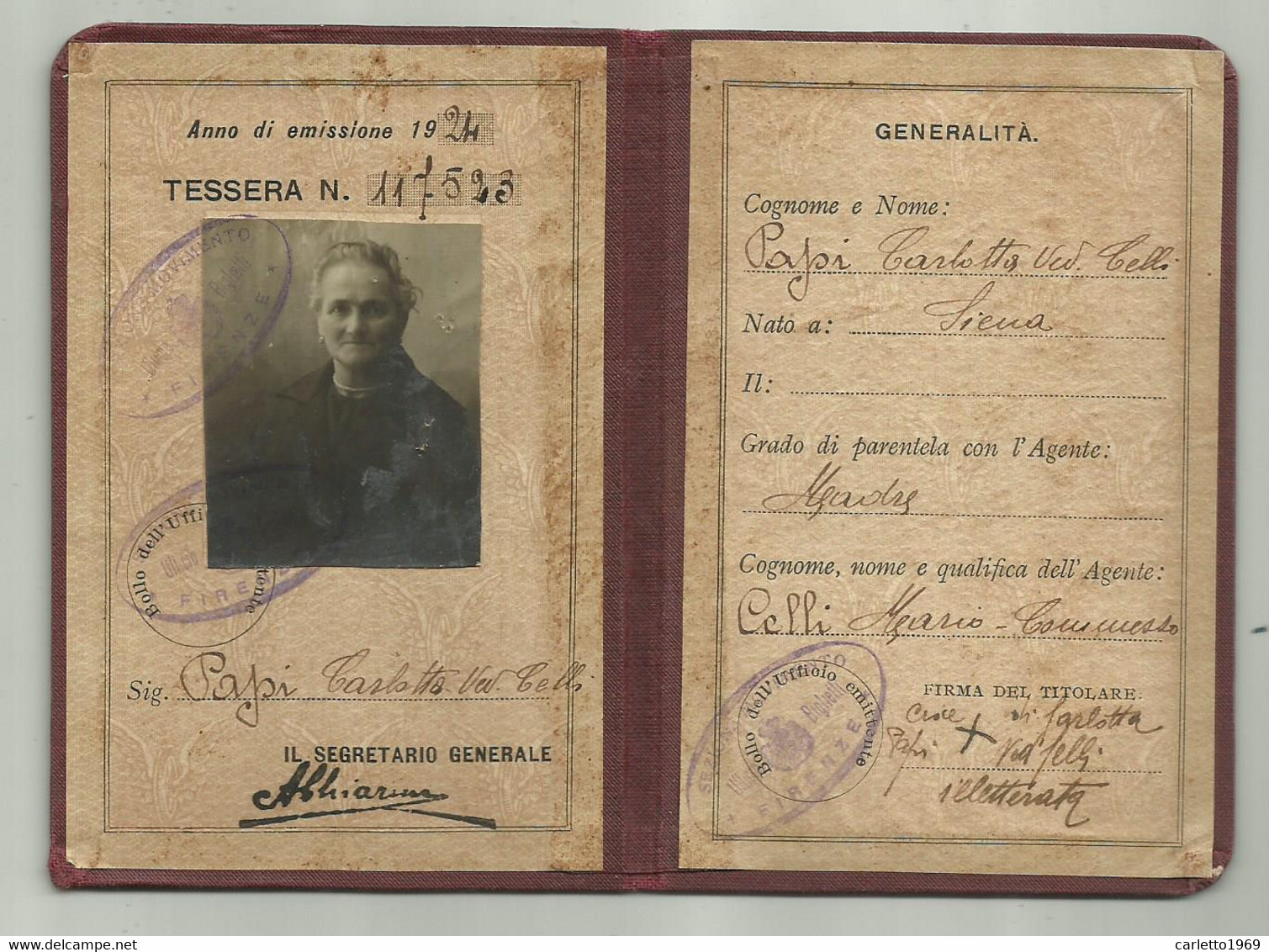 FERROVIE DELLO STATO - TESSERA DI RICONOSCIMENTO PER FAMIGLIE 1924 - TITOLARE NATA A SIENA - CM. 11,5X8 - Collezioni