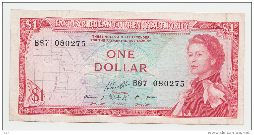 East Caribbean States 1 Dollar 1965 VF+ CRISP Banknote P 13g 13 G - East Carribeans