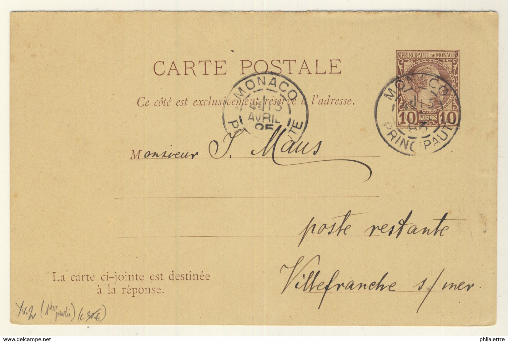 MONACO - 1895 CPRP Demande Seule 10c Brun Sur Jaune Paille Type Charles III (CHR D4) Adressée à Villefranche-s/Mer - Postal Stationery