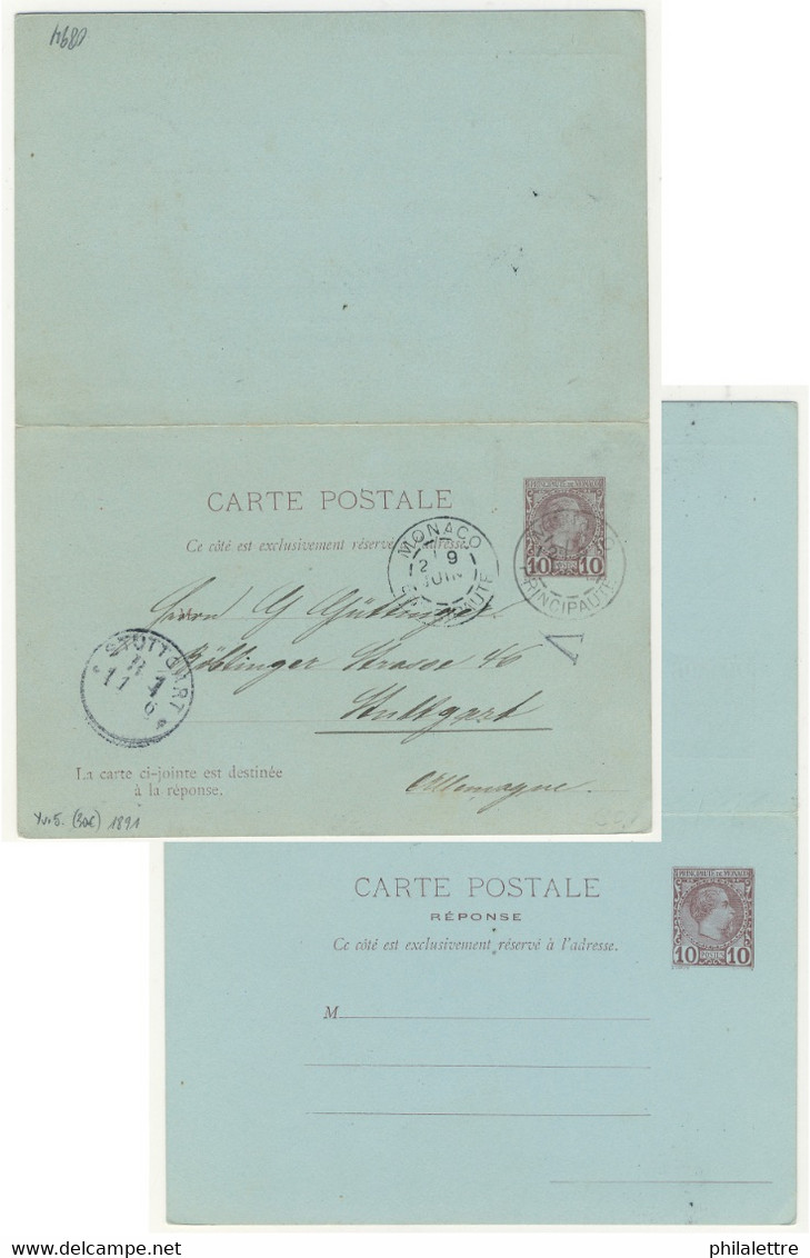 MONACO - (prob. 1892) DAGUIN JUMELÉ T.A2 Sur CPRP 10c Brun/bleu Type Charles III (CHR D5) Pour Stuttgart (avec Arrivée) - Entiers Postaux