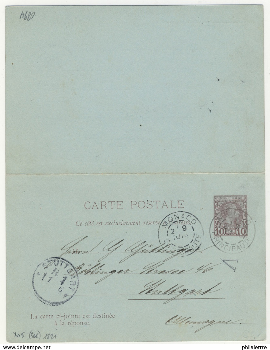 MONACO - (prob. 1892) DAGUIN JUMELÉ T.A2 Sur CPRP 10c Brun/bleu Type Charles III (CHR D5) Pour Stuttgart (avec Arrivée) - Ganzsachen