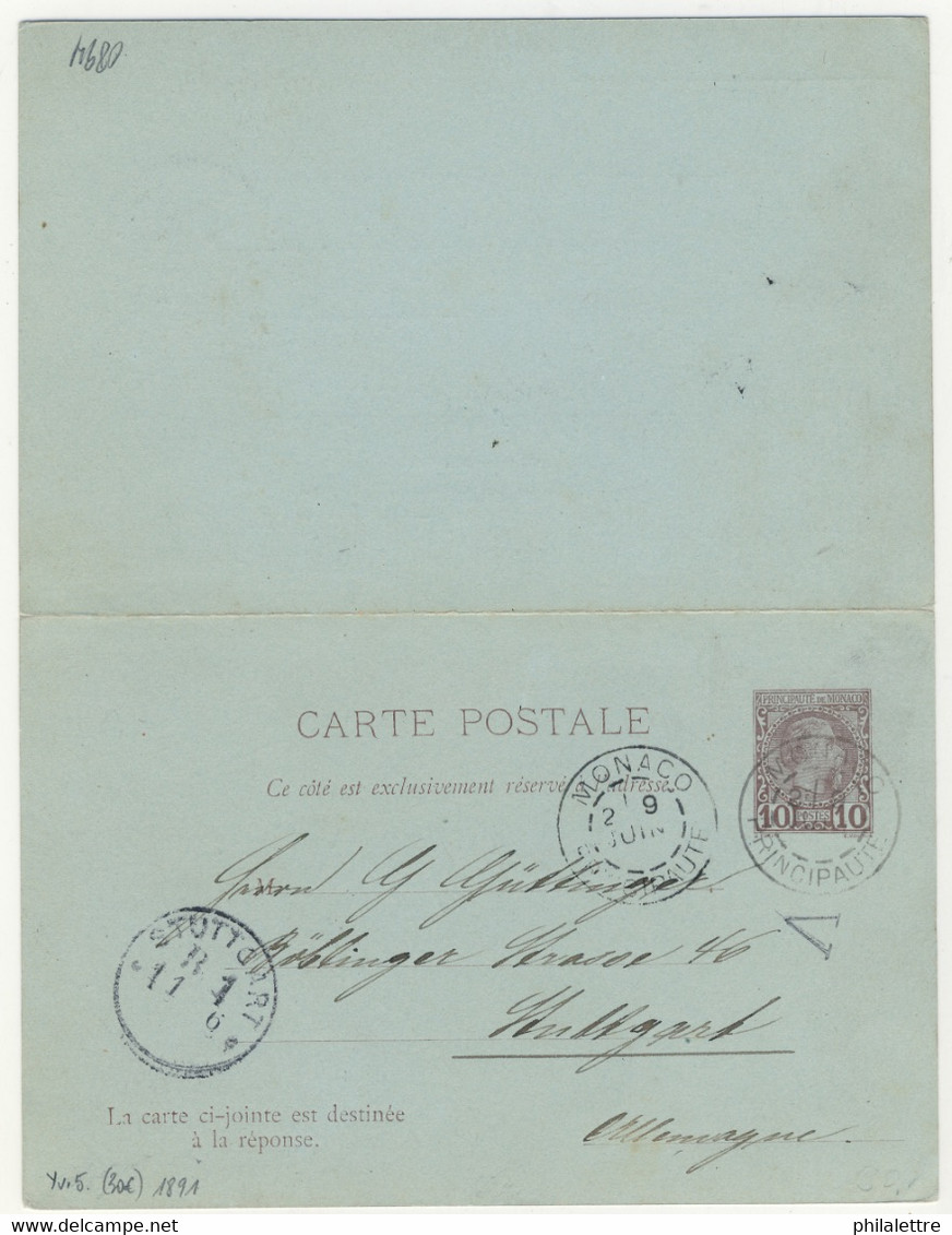 MONACO - (prob. 1892) DAGUIN JUMELÉ T.A2 Sur CPRP 10c Brun/bleu Type Charles III (CHR D5) Pour Stuttgart (avec Arrivée) - Entiers Postaux