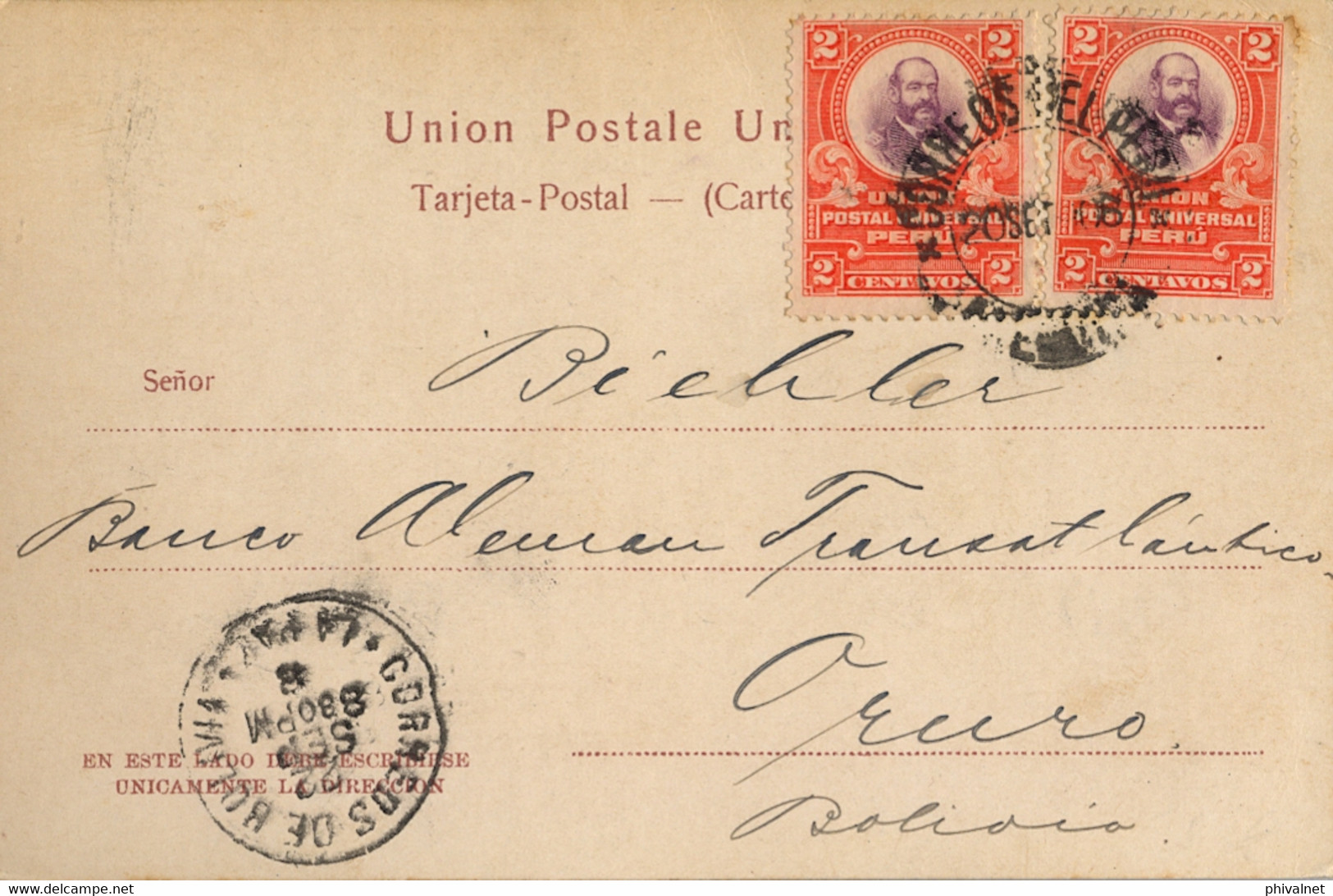 1908 PERÚ , T.P. CIRCULADA , AREQUIPA - ORURO ( BOLIVIA ) , LLEGADA  - EL MISTI - Perú