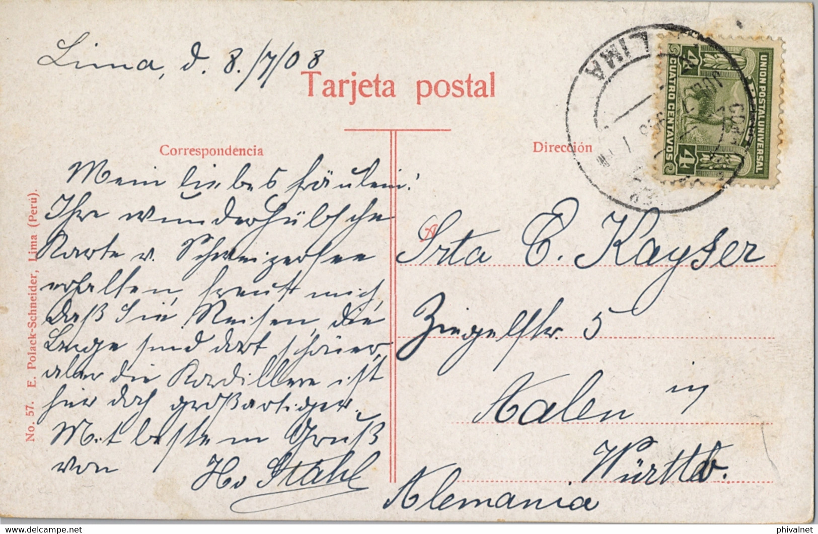 1908 PERÚ , T.P. CIRCULADA , LIMA - AALEN , CHORRILLOS , BAJADA A LOS BAÑOS - Perú