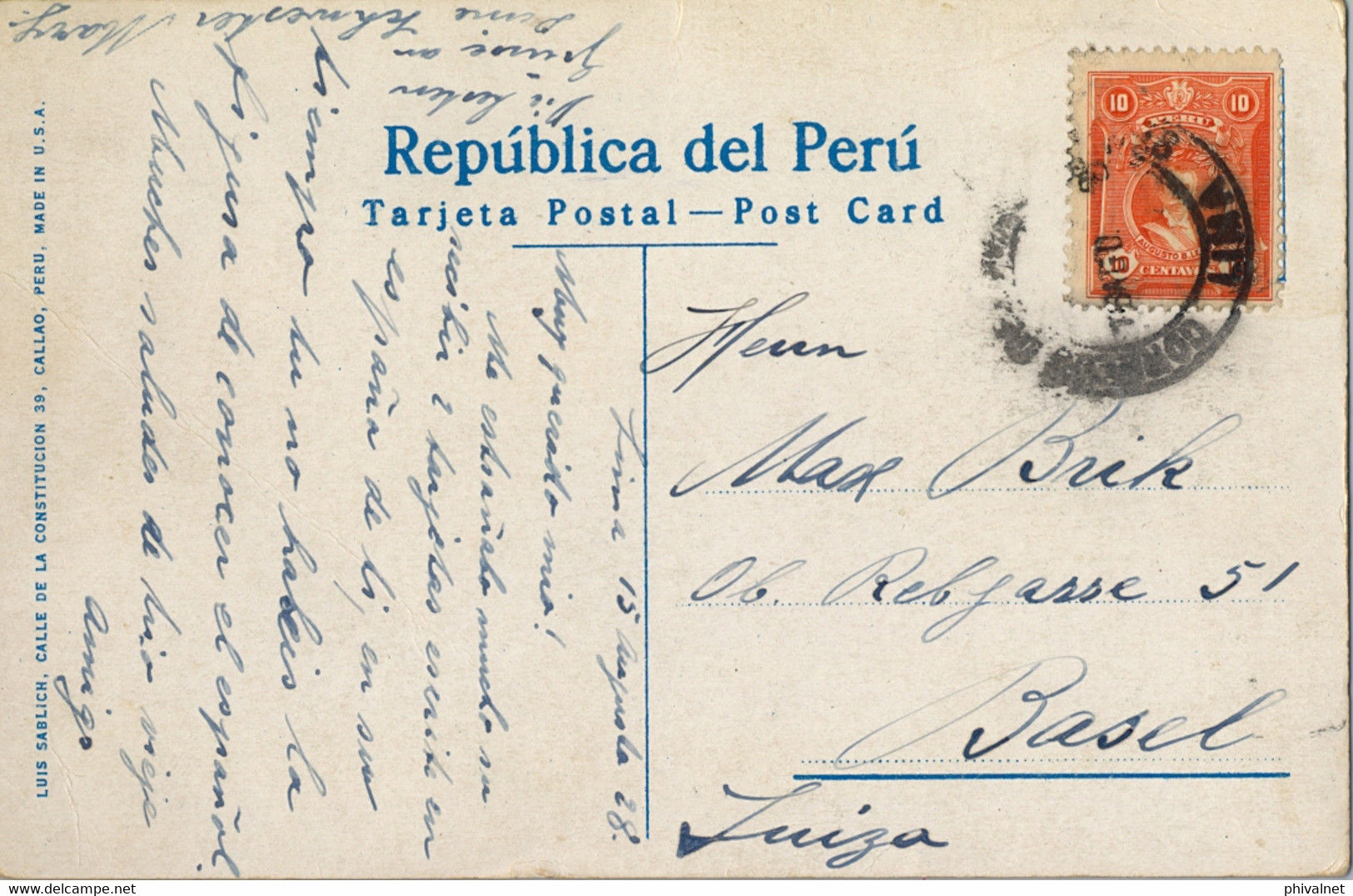 1928 PERÚ , T.P. CIRCULADA , LIMA - BASILEA , PILA DE LA PLAZA DE ARMAS - Perú