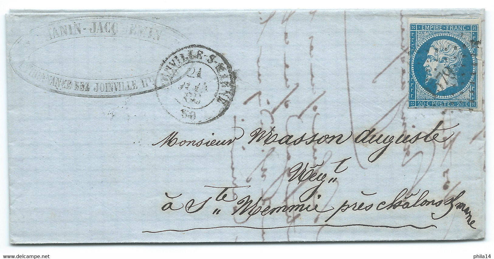 N° 14 BLEU NAPOLEON SUR LETTRE / JOINVILLE SUR MARNE POUR STE MEMMIE / 21 JUIN 1860 - 1849-1876: Classic Period