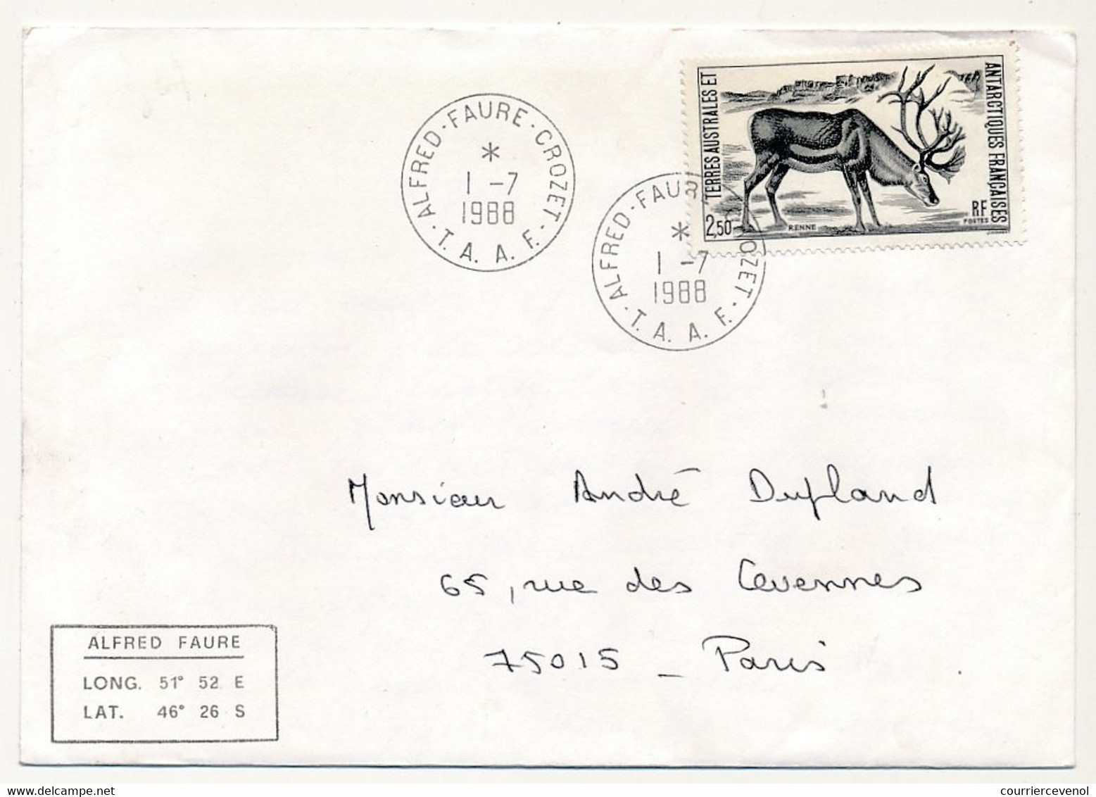 TAAF - Env. Aff 2,50 Renne - Obl Alfred Faure Crozet 1/7/1988 - Lettres & Documents