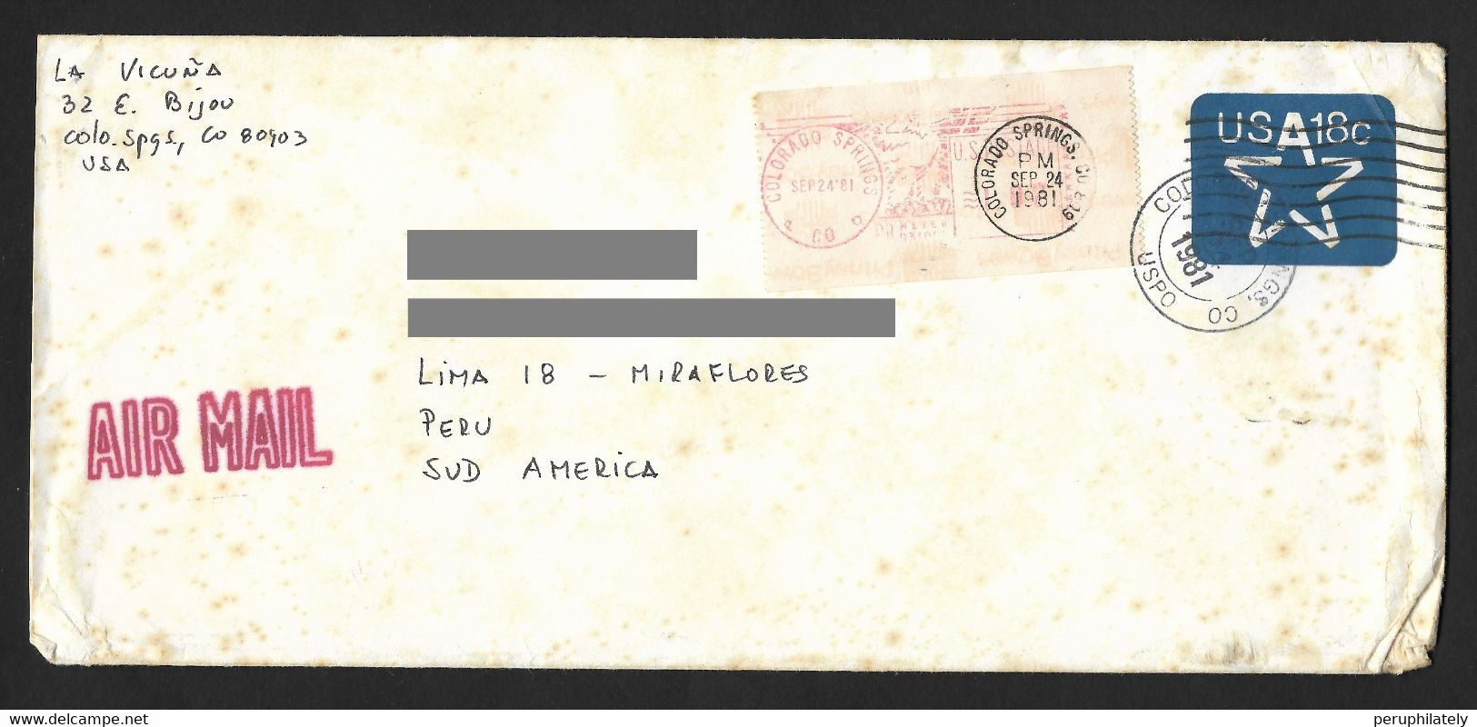 US Cover With Colorado Spring Red Meter Permit & Cancellation Sent To Peru - Vignette [ATM]