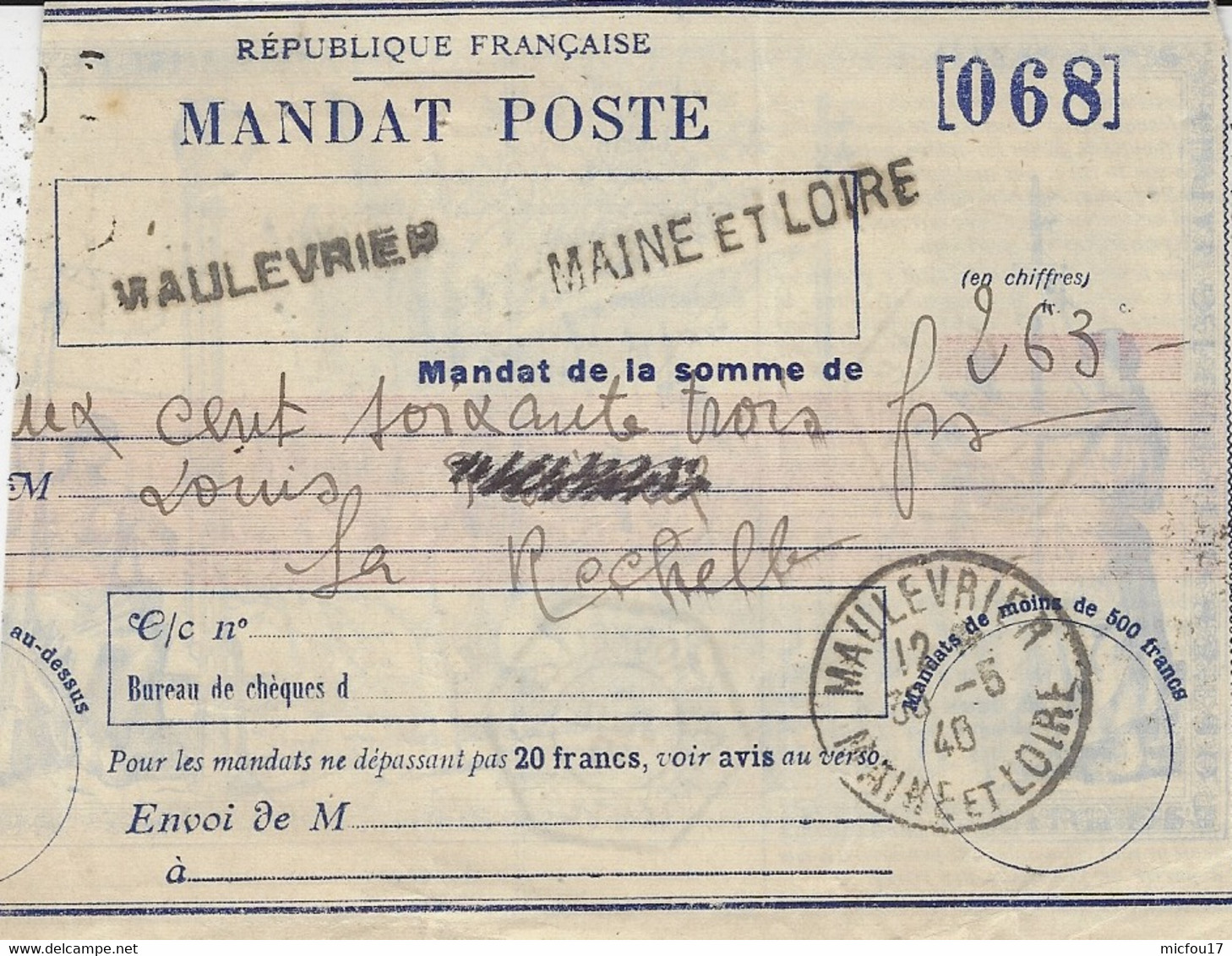 1940- MANDAT POSTE  De MAULEVRIER MAINE Et LOIRE    Avec TAXE Cérès 3 F Au Dos - 1877-1920: Periodo Semi Moderno
