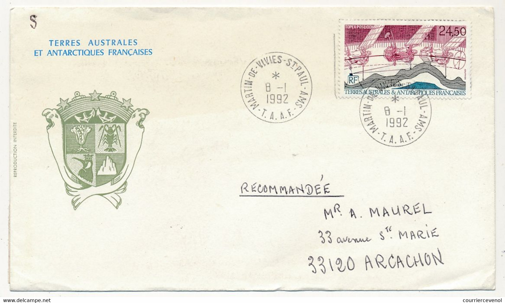 TAAF - Enveloppe Affr 24,50 Topex Poseidon - St Martin De Vivies St PaulAms - 8/1/1992 - Covers & Documents