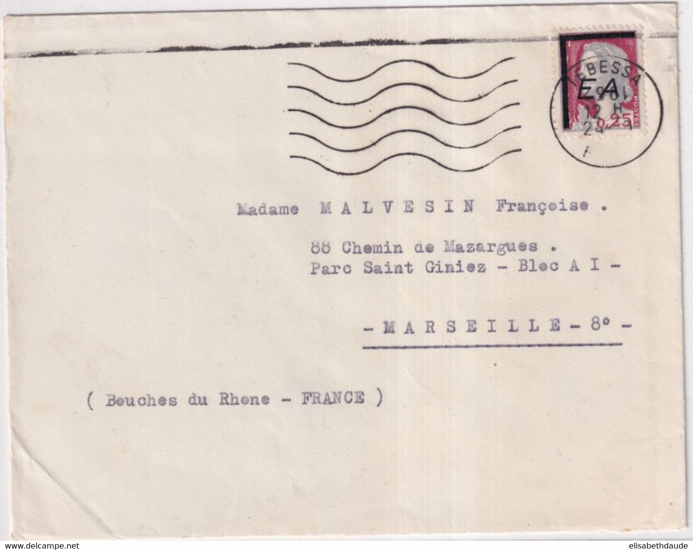 1962 (DATE INVERSEE !) - ETAT ALGERIEN / SURCHARGE "EA" - MARIANNE DE DECARIS - ENVELOPPE De TEBESSA ! => MARSEILLE - Algérie (1962-...)