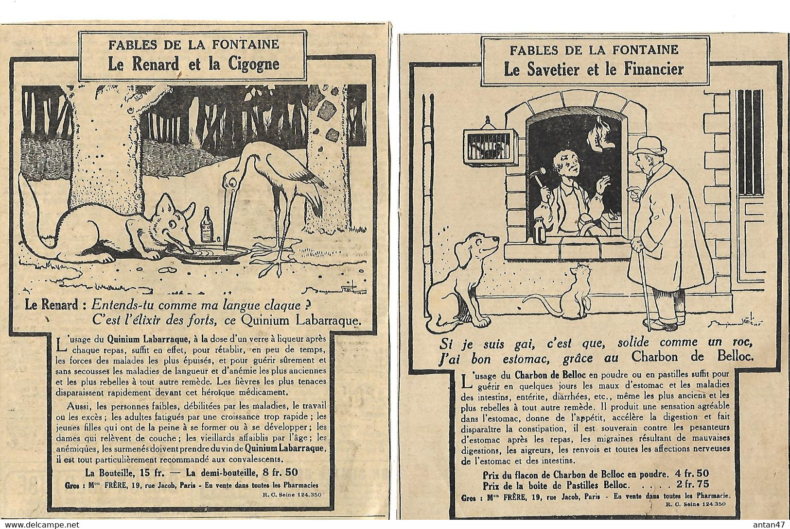 Humour / 15 pub coupures journal / Fables de LA FONTAINE / DENTOL, LABARRAQUE, GUYOT Illustrateur B RABIER