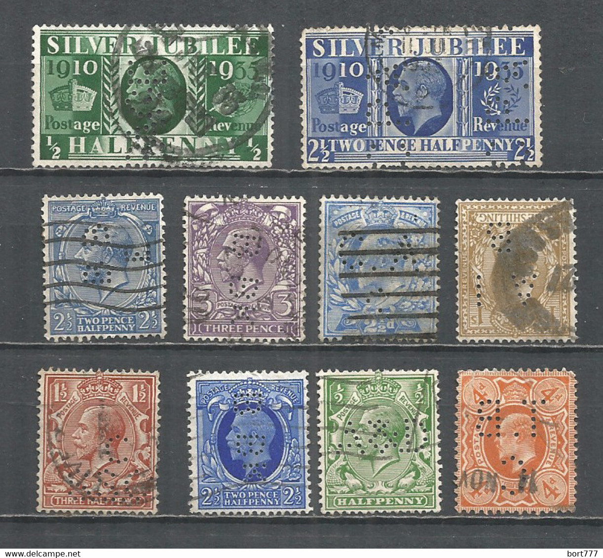 Perfins Great Britain , 10 Old Stamps - Perforés