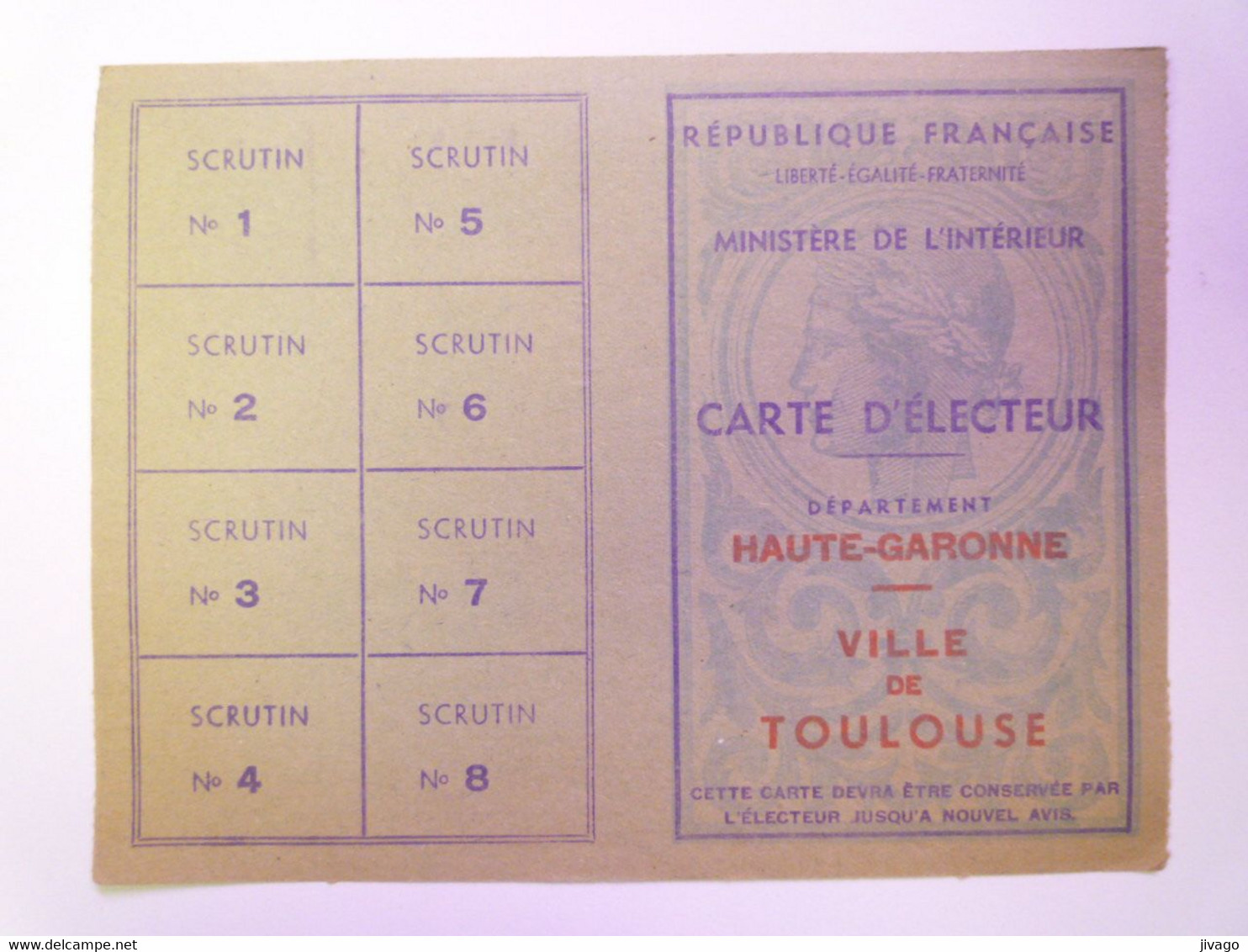 2021 - 2963  TOULOUSE  :  CARTE D'ELECTEUR  Vers 1945   XXX - Non Classés