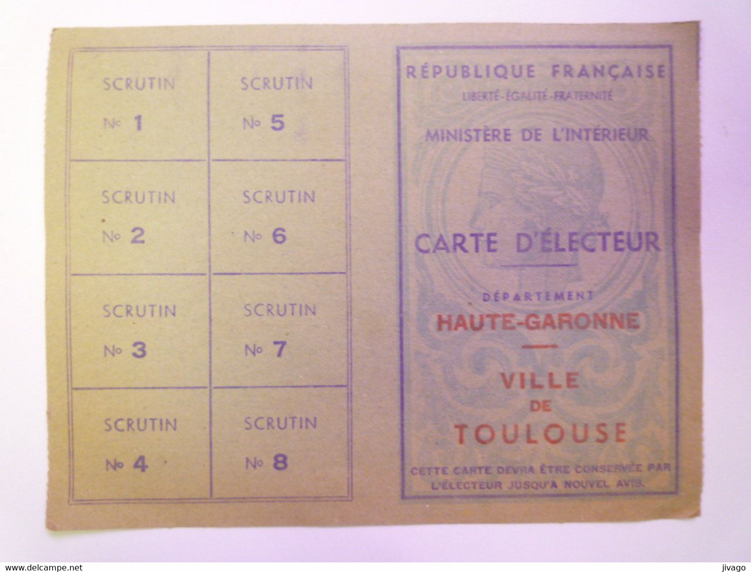 2021 - 2964  TOULOUSE  :  CARTE D'ELECTEUR  Vers 1945   XXX - Non Classés