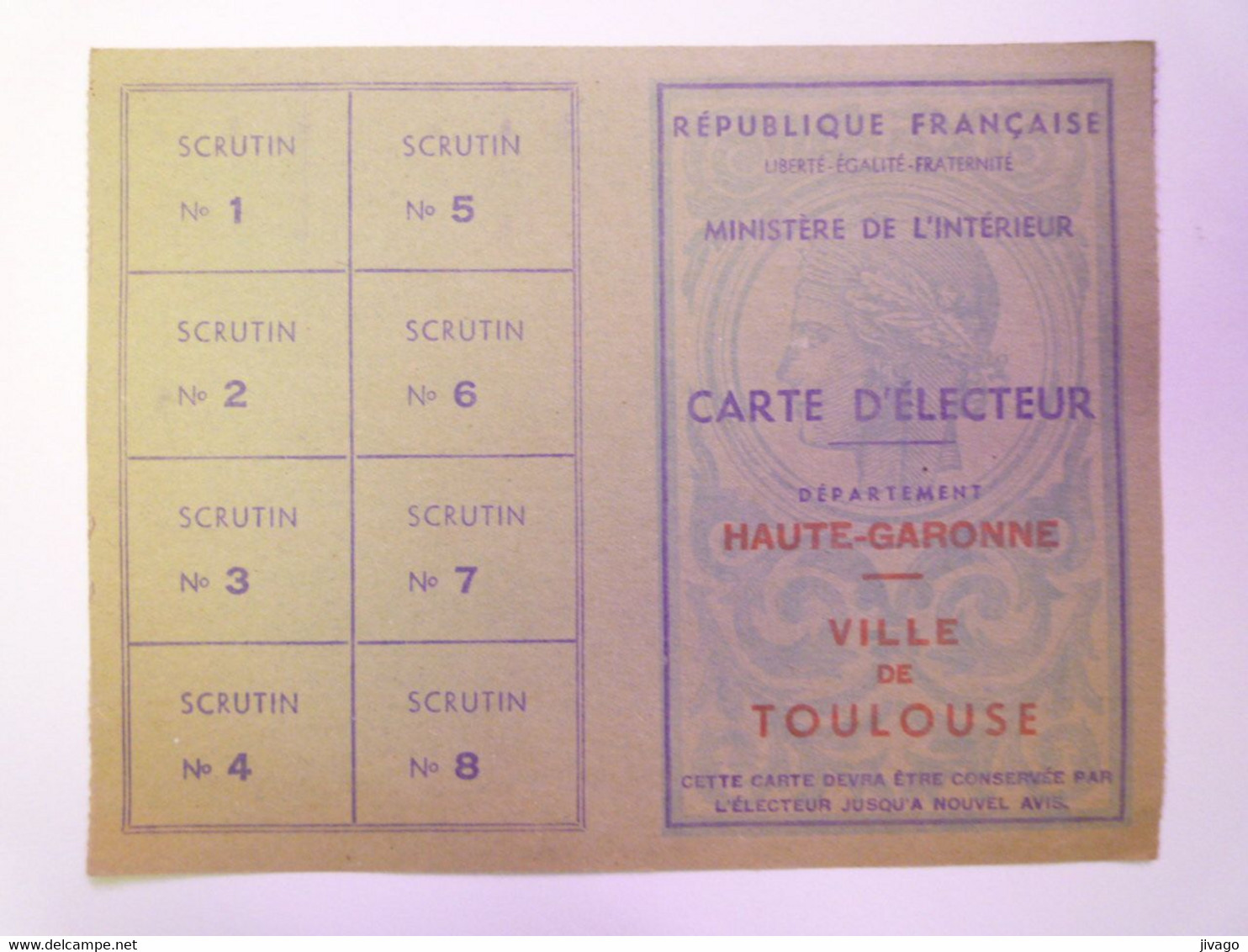 2021 - 2965  TOULOUSE  :  CARTE D'ELECTEUR  Vers 1945   XXX - Non Classés