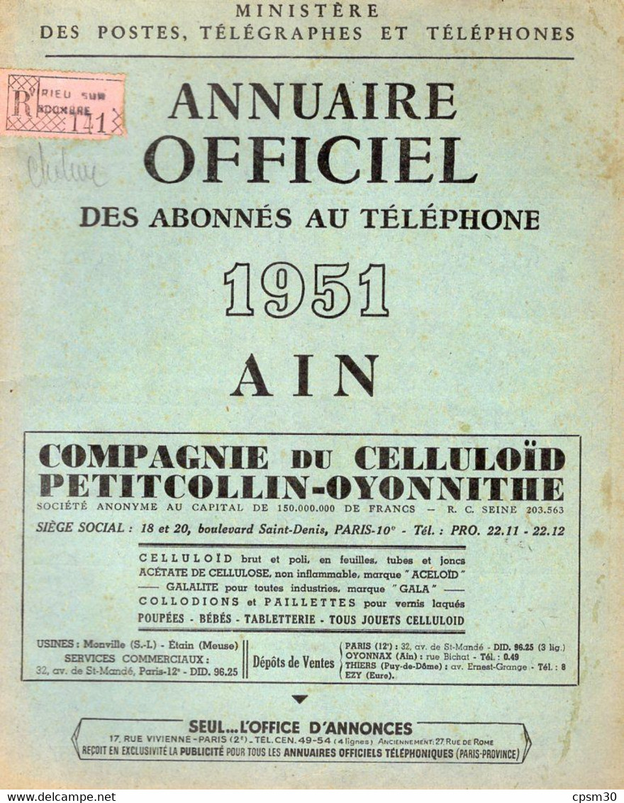 ANNUAIRE - 01 - Département Ain - Année 1951 - Annuaire Officiel Des Postes - 96 Pages - Annuaires Téléphoniques