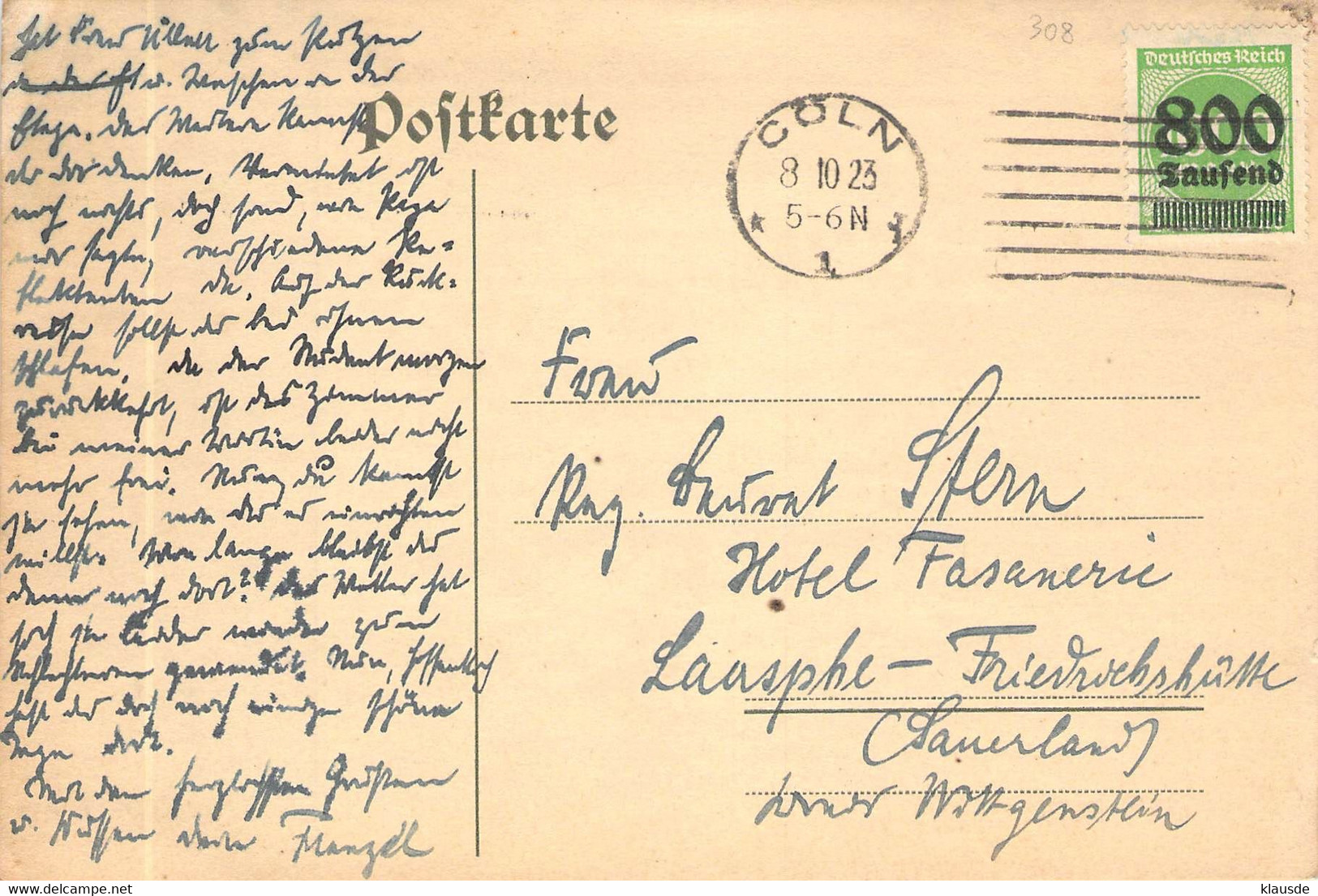 MiNr.308 Cover Cöln - Laasphe - Friedrichshütte 1923 - Lettres & Documents