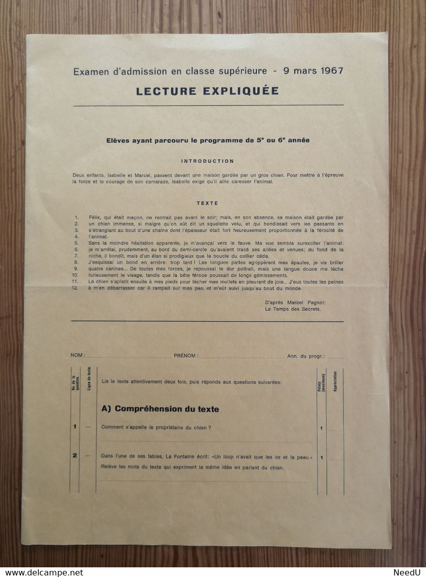 Examen D'admission En Classe Supérieure - 9 Mars 1967- Lecture Expliquée - Diplomas Y Calificaciones Escolares