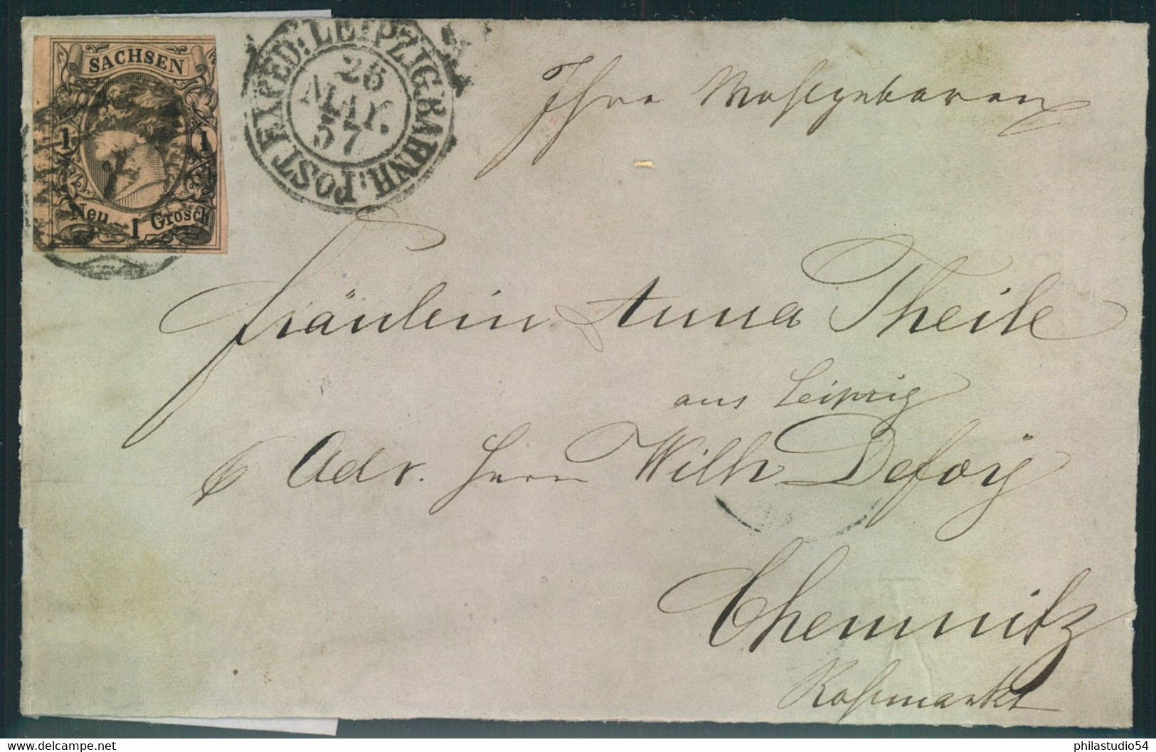 1857, Faltbrief M. 1 Ngr Johann (Rand) Mit Nr-Stempel "4" Und "LEIPTIG BAHNH. POST EXPED - Saxony