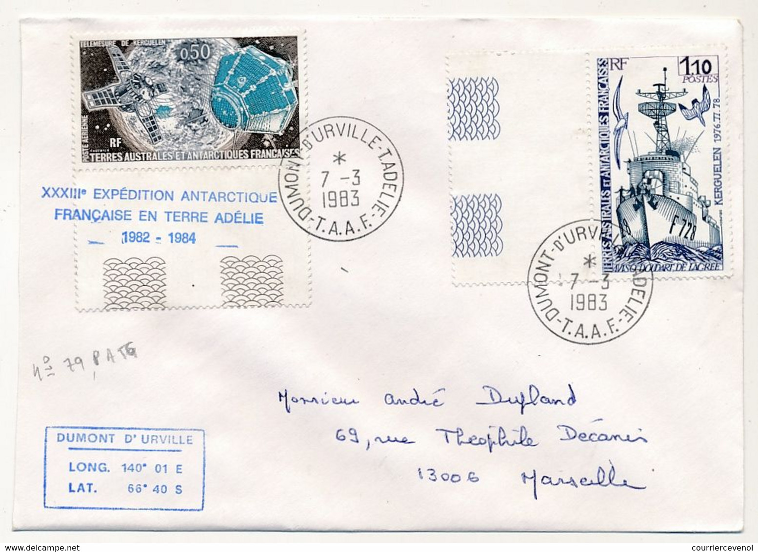 TAAF - Env. Affr 1,10 Aviso Doudart De Lagrée + 0,50 Télémesure De Kerguelen - Dumont D'Urville T.Adélie -7/3/1983 - - Lettres & Documents