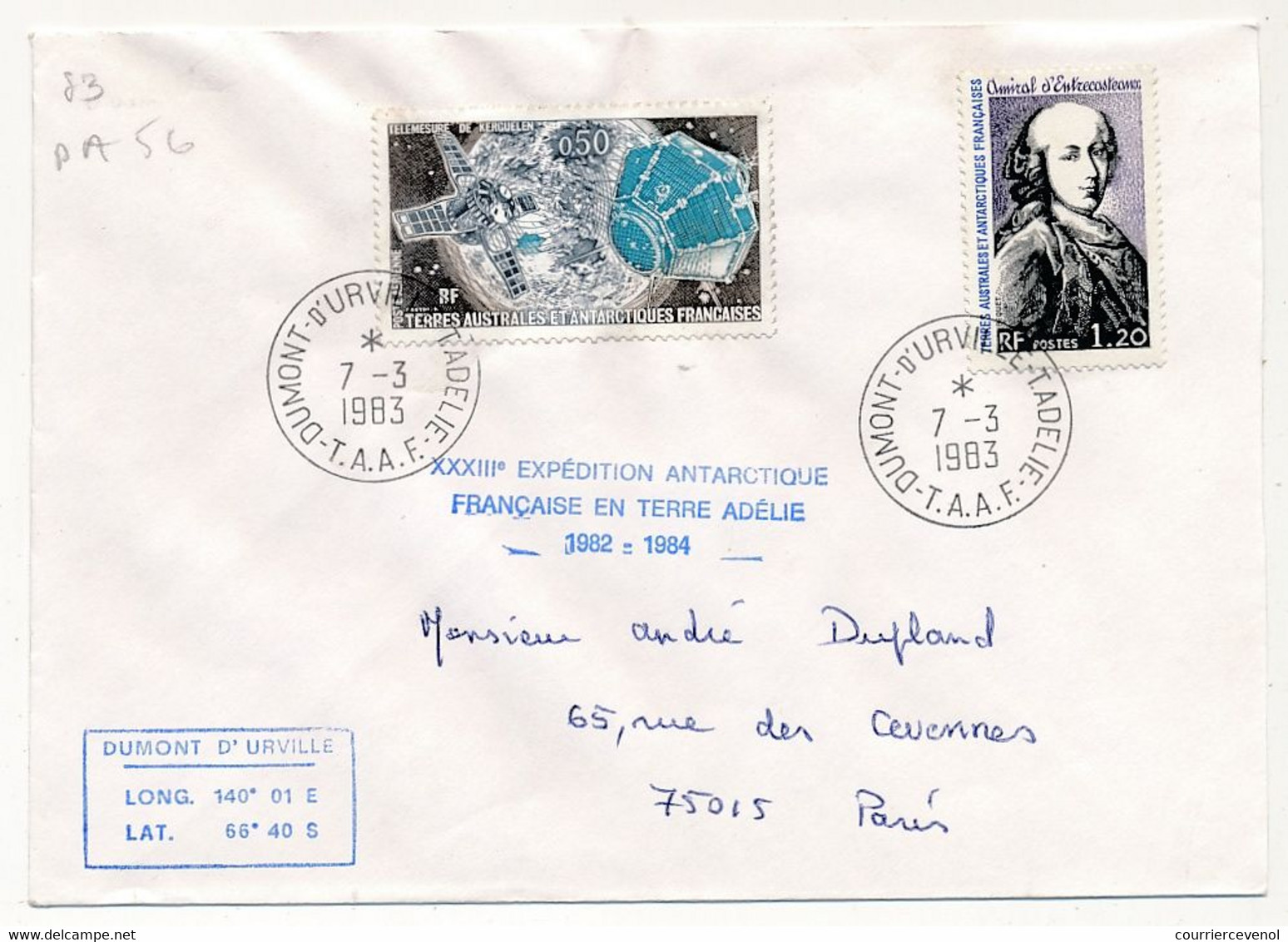 TAAF - Env. Affr 1,20 Amiral D'Entrecasteaux + 0,50 Télémesure De Kerguelen - Dumont D'Urville T.Adélie -7/3/1983 - - Covers & Documents