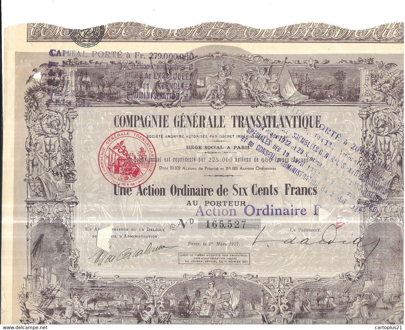 ACTION   CIE GENERALE TRANSATLANTIQUE    ACTION  600 FRANCS  BELLE DECORATIONS   COUPONS ATTACHES DE 116 A 143 - Transporte