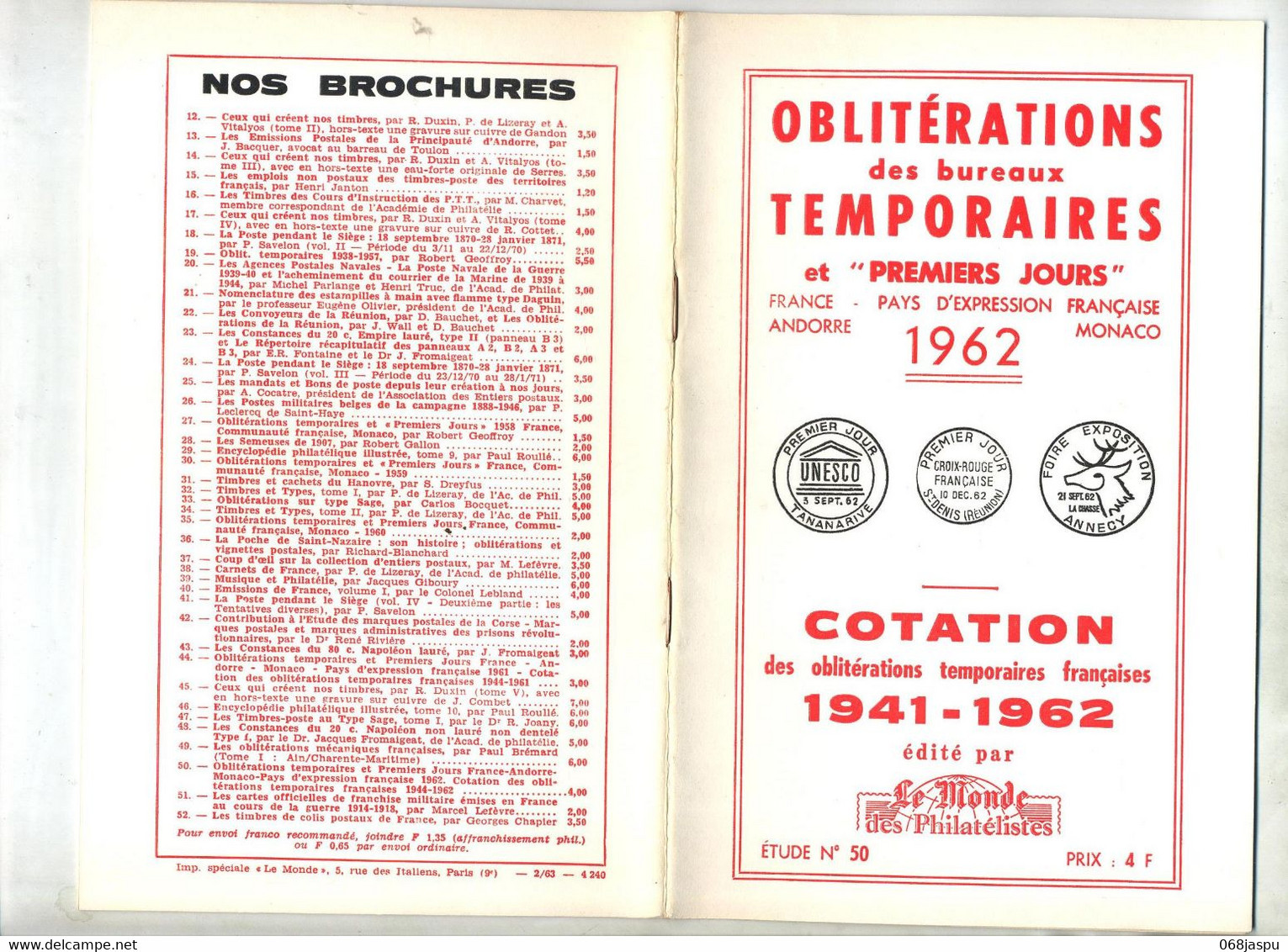 Oblitérations Temporaires   Par Le Monde Des Philatelistes Année 1962 - Annullamenti