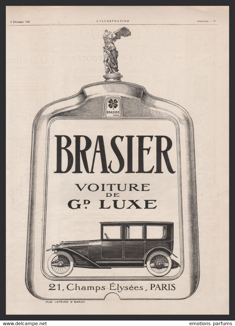 Pub Papier 1920 Automobile BRASIER Automobiles Voiture Calandre Mascotte La Victoire De Samothrace - Advertising