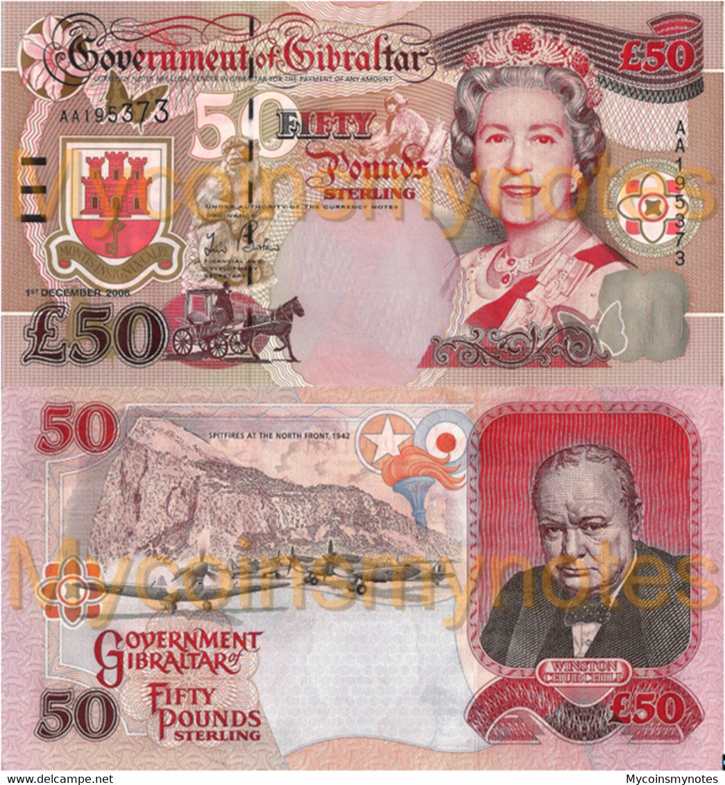 GIBRALTAR, £50 POUNDS, 2006, P34, Prefix AA, Q. Elizabeth II & W. Churchill, UNC - Gibraltar