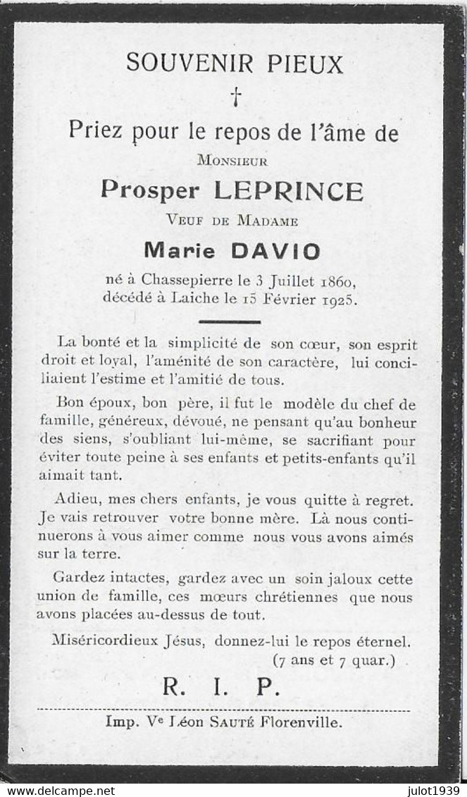 GC .  LAICHE ..-- Mr Prosper LEPRINCE , Veuf De Mme Marie DAVIO , Né En 1860 à FLORENVILLE , Décédé En 1925 . - Florenville