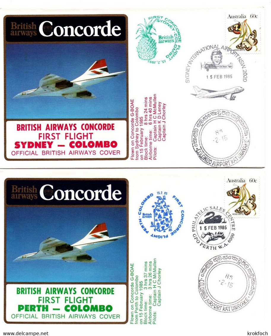 Concorde BA - Sydney Perth Colombo 1985 - First Flight 1er Vol - Swan Sri Lanka Ceylon - British Airways - Primi Voli