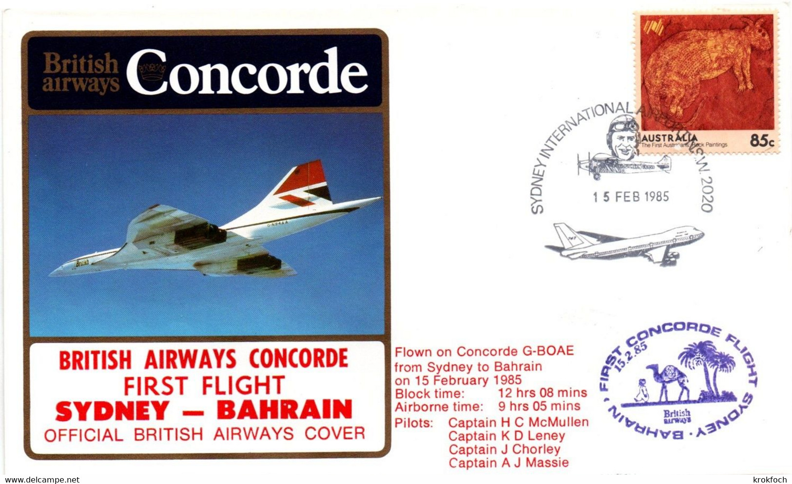 Concorde BA - Sydney Bahrain Bahrein 1985 - First Flight 1er Vol - Australia  - British Airways - Camel Palm Tree - First Flight Covers