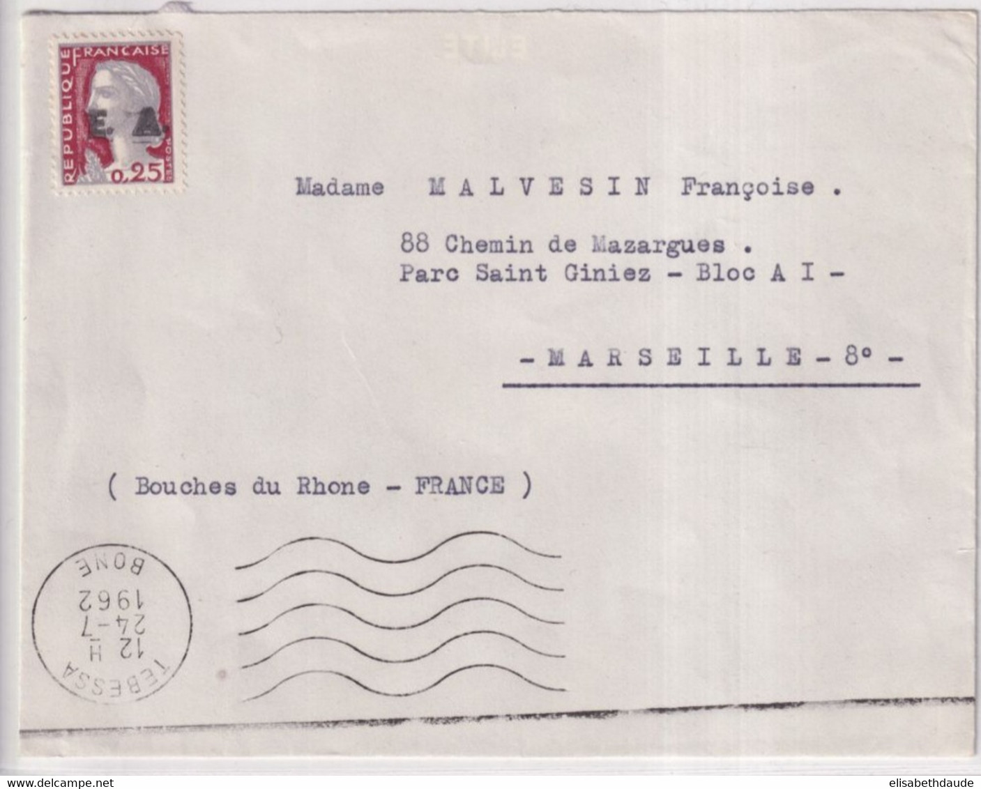 1962 - ETAT ALGERIEN / SURCHARGE "EA" - MARIANNE DE DECARIS - ENVELOPPE De TEBESSA ! => MARSEILLE - Algerien (1962-...)