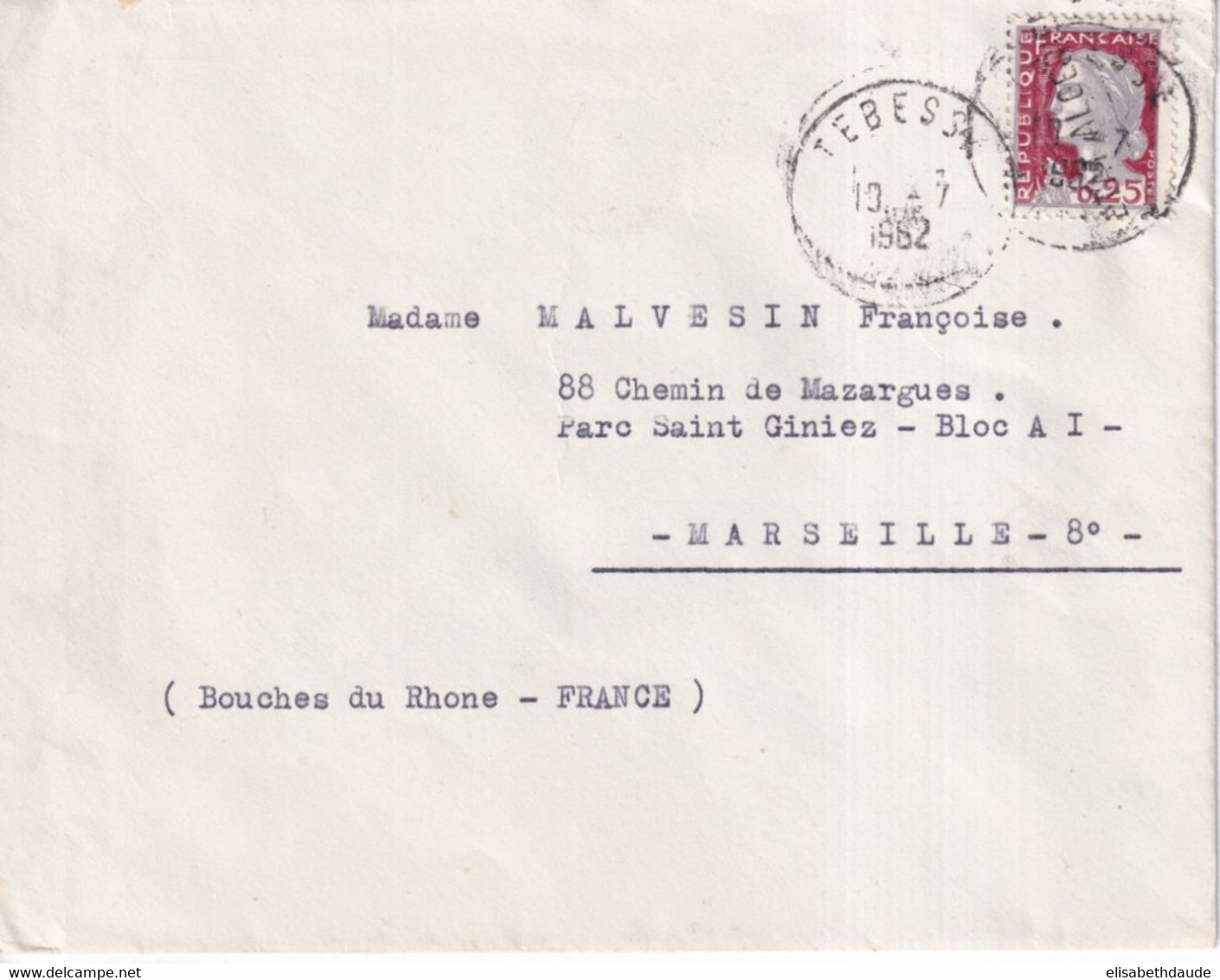 1962 - ETAT ALGERIEN / SURCHARGE "ETAT ALGERIEN" - MARIANNE DE DECARIS - ENVELOPPE De TEBESSA ! => MARSEILLE - Algérie (1962-...)