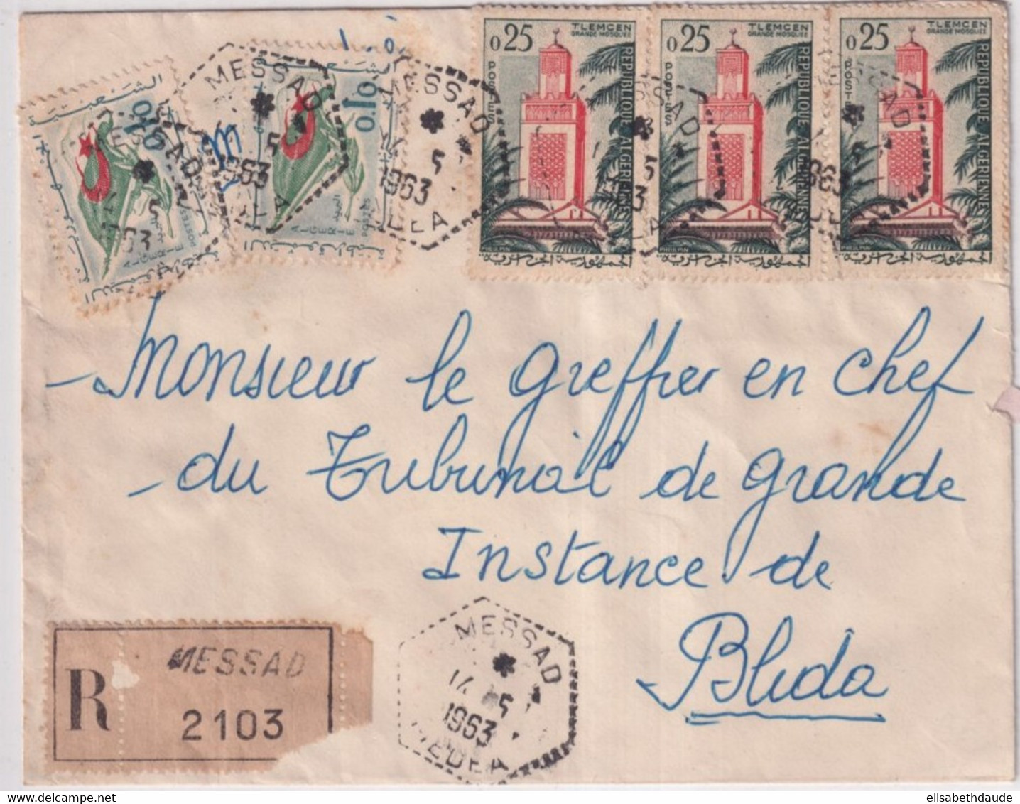 ALGERIE - 1963 - ENVELOPPE RECOMMANDEE De MESSAD (MEDEA) - CACHET FRANCAIS HEXAGONAL ! De BUREAU De DISTRIBUTION ! - Algérie (1962-...)