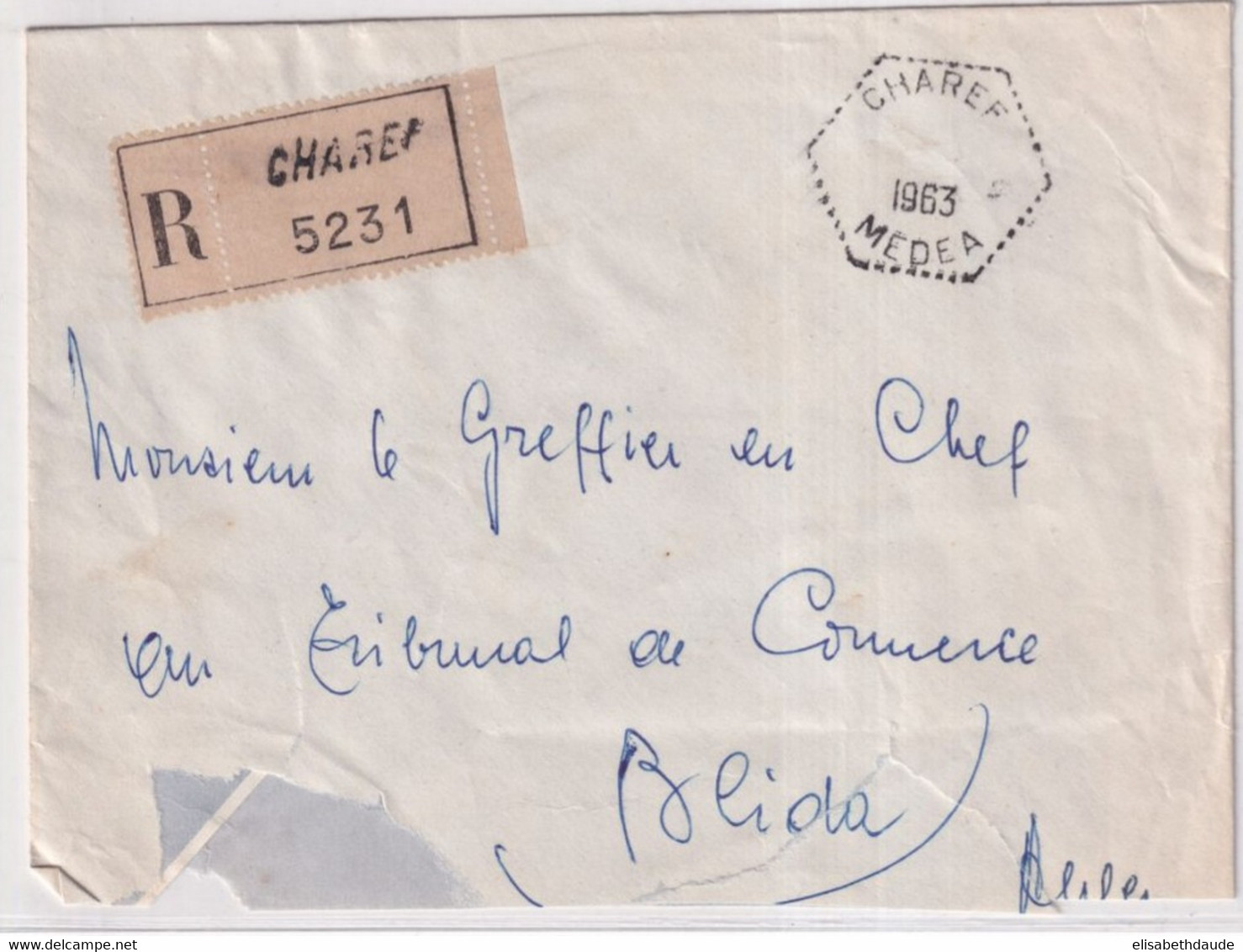 ALGERIE - 1963 - ENVELOPPE RECO De CHAREF (MEDEA) - CACHET FRANCAIS HEXAGONAL De BUREAU De DISTRIBUTION SANS DATE ! - Algérie (1962-...)