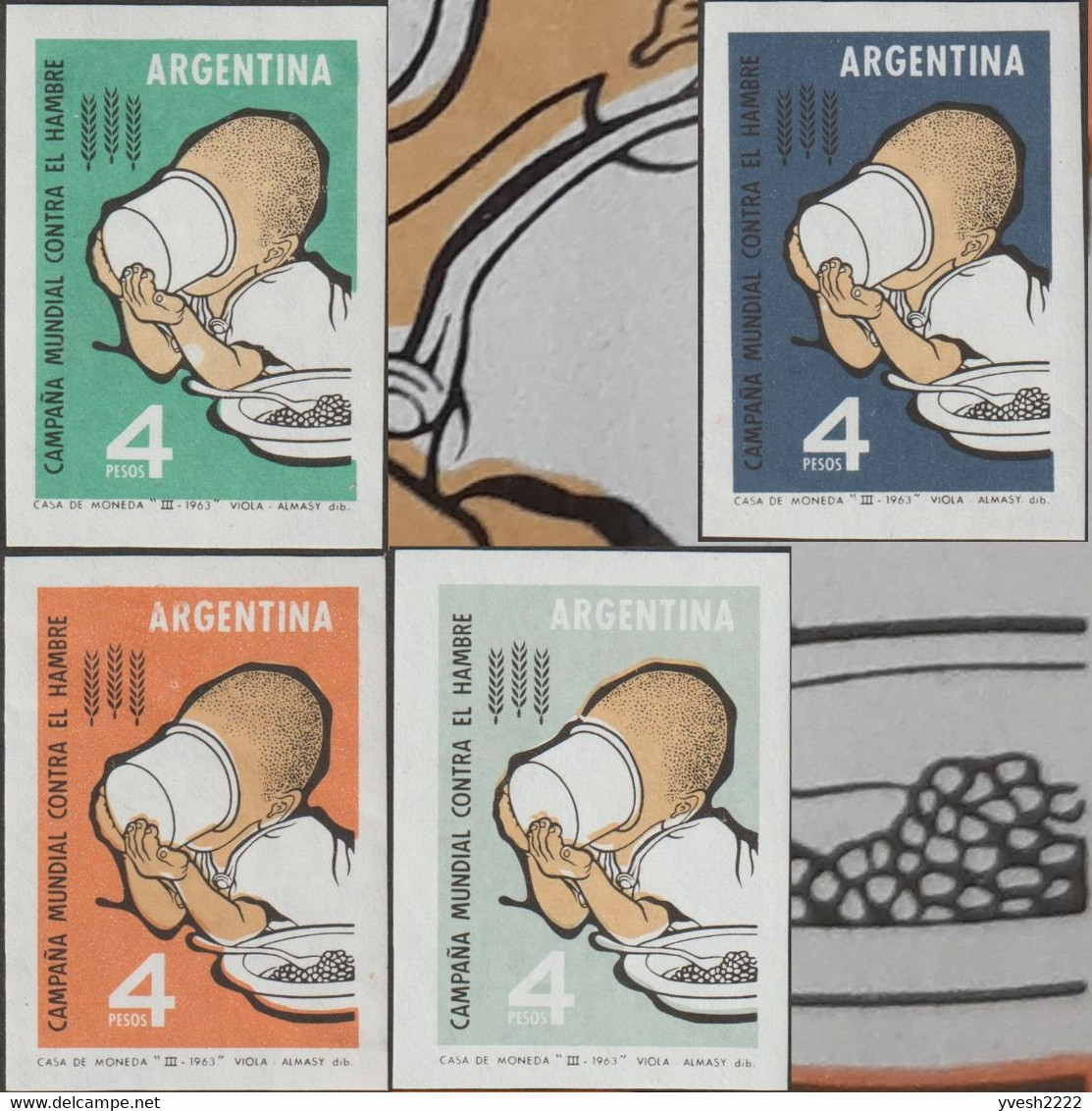 Argentine 1963 Y&T 668 Quatre Essais De Couleurs. Campagne Mondiale Contre La Faim. Enfant Buvant, Petits Pois - ACF - Aktion Gegen Den Hunger