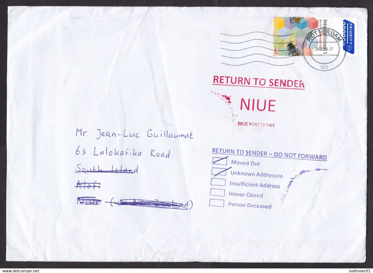Netherlands: Cover To Niue, 2021, 1 Stamp + Tab, Europa, Bee, Returned, Retour Cancel, Moved Out (damaged: Creases) - Cartas